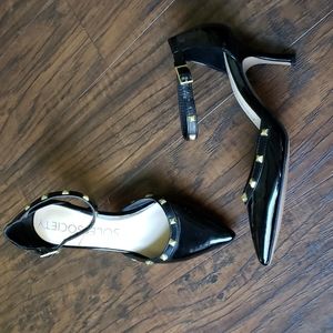 Sole Society black Ankle strap pumps gold studs sz7